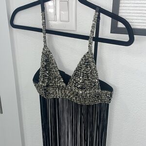 Embellished sequined Black Fringe bra top festival rave Coachella Small